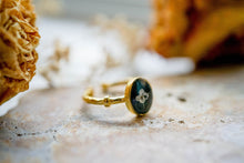 Real Pressed Flower and Resin Ring, Gold Oval in Black with White Alyssum