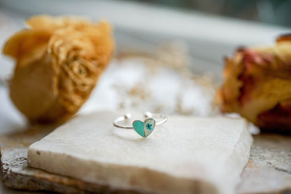 Real Pressed Flower and Resin Ring, White and Mint Heart Ring