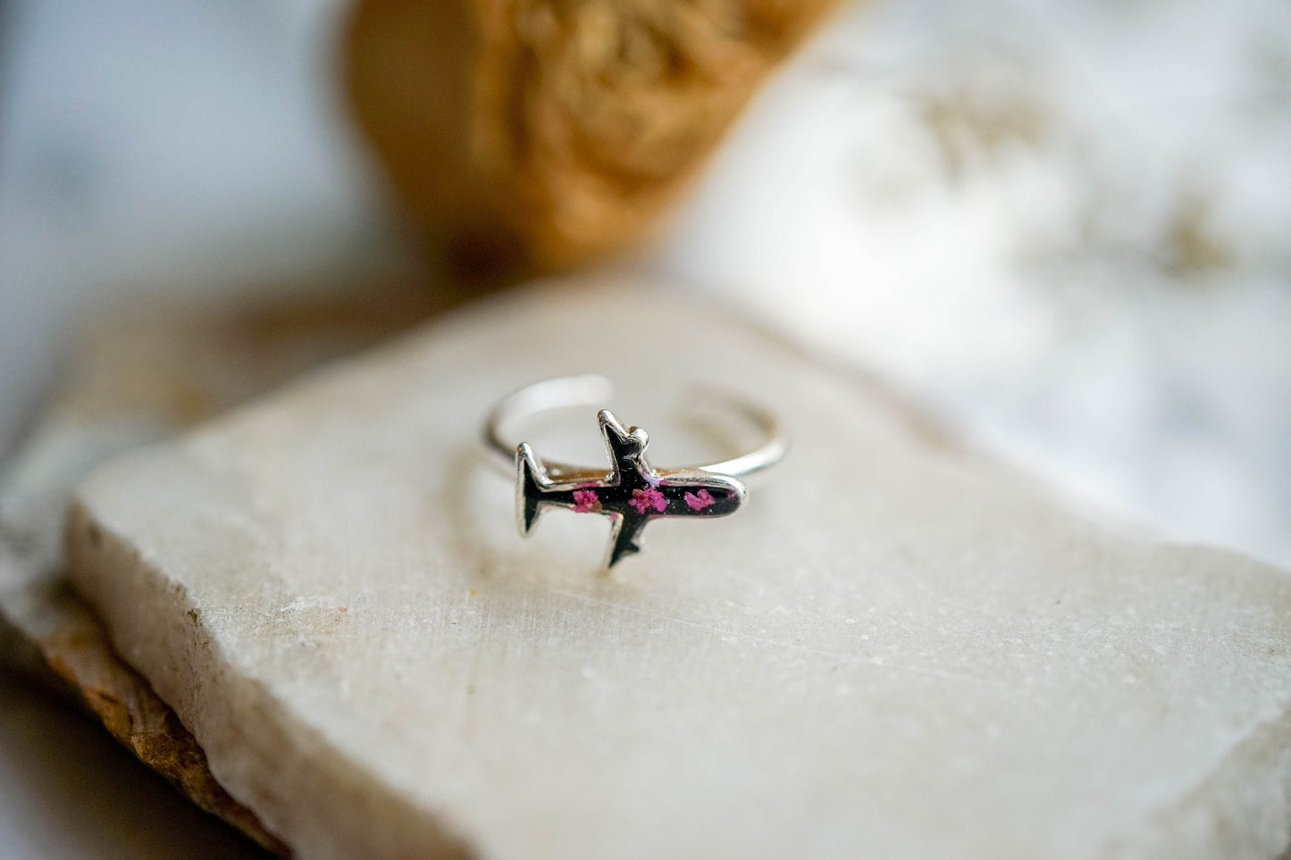 Real Pressed Flower and Resin Ring, Black and Silver Plane with Pink Flowers