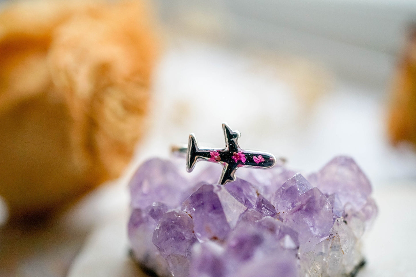 Real Pressed Flower and Resin Ring, Black and Silver Plane with Pink Flowers