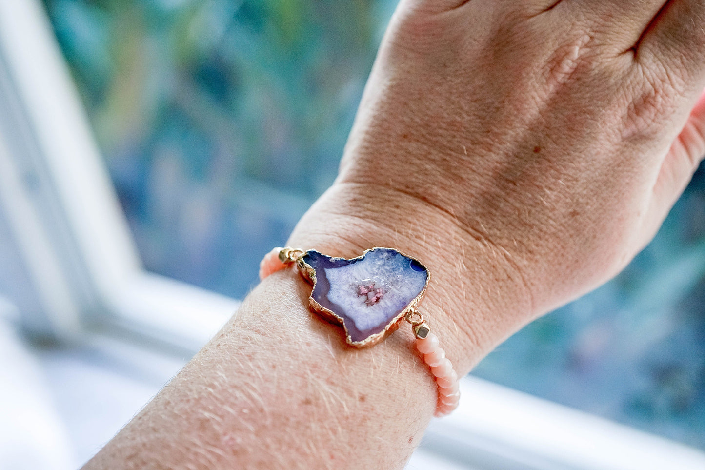 Real Pressed Flowers and Resin Beaded Bracelet, Purple Druzy Geode in Peach Pink Gold