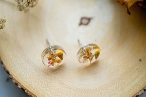 Real Pressed Flowers and Resin Stud Earrings, Circles with Mixed Flowers