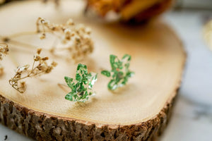 Real Pressed Flowers and Resin Stud Earrings, Pot Leaf, Cannabis, Marijuana, Weed Earrings with Green Flowers