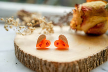 Real Pressed Flowers and Resin Stud Earrings, Neon Orange with Wood and Pink Flowers