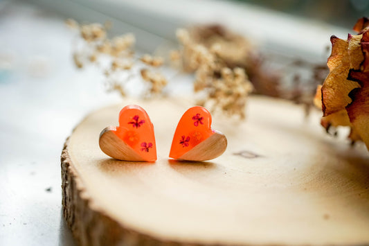 Real Pressed Flowers and Resin Stud Earrings, Neon Orange with Wood and Pink Flowers