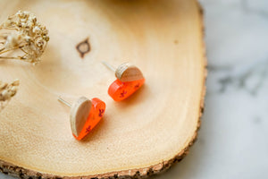 Real Pressed Flowers and Resin Stud Earrings, Neon Orange with Wood and Pink Flowers