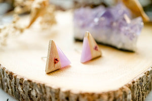 Real Pressed Flowers and Resin Stud Earrings, Purple with Wood and Pink Flowers