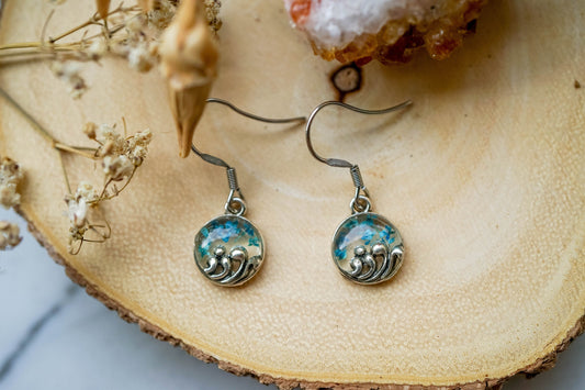 Real Pressed Flowers Earrings, Drops, Silver Waves in Teal