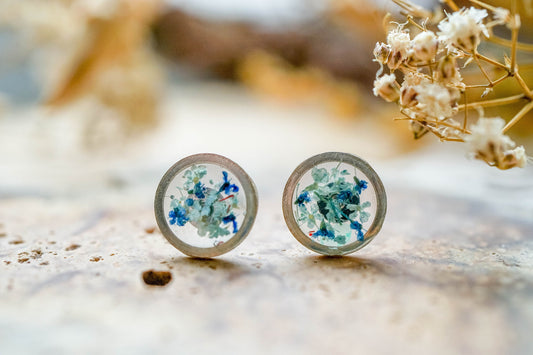 Real Pressed Flowers and Resin Stud Earrings, Silver Circles with Mint and Blue Flowers