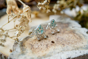 Real Pressed Flowers and Resin Stud Earrings, Silver Boho Teardrops with Teal Flowers