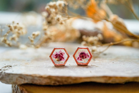 Real Pressed Flowers and Resin Stud Earrings, Rose Gold Hexagons with Heather Flowers