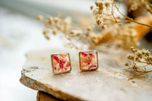 Real Pressed Flowers and Resin Stud Earrings, Silver Squares in Pink