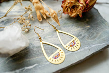 Real Pressed Flower Earrings, Gold Drops with Orange and Purple Flowers