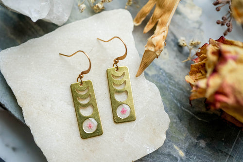Real Pressed Flowers Earrings, Gold Moon Phase Drop Earrings in Pink