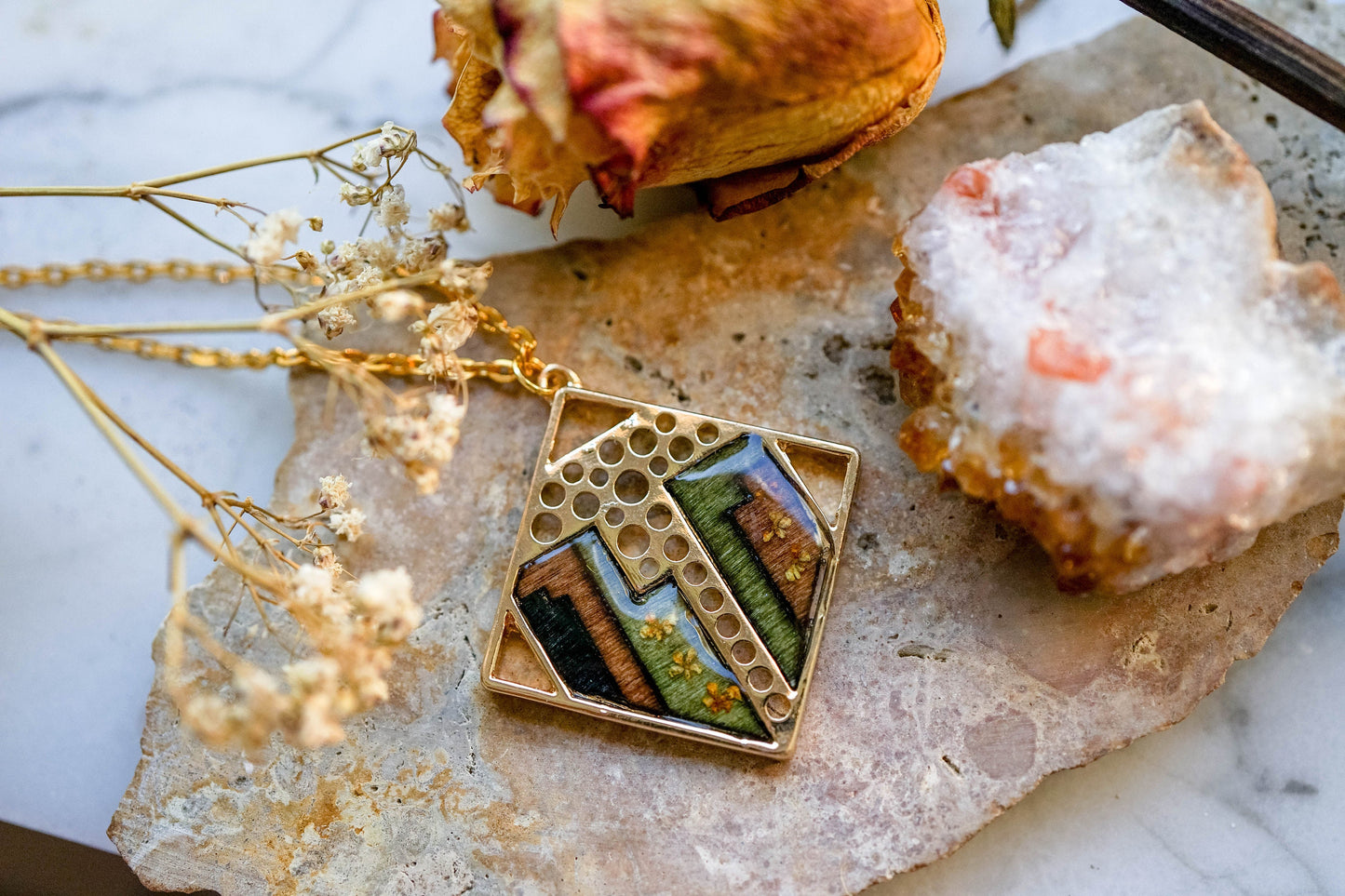 Real Pressed Flowers in Resin, Gold and Wood Necklace with Yellow Flowers