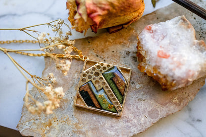 Real Pressed Flowers in Resin, Gold and Wood Necklace with Yellow Flowers