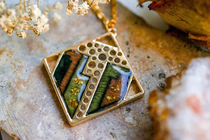 Real Pressed Flowers in Resin, Gold and Wood Necklace with Yellow Flowers