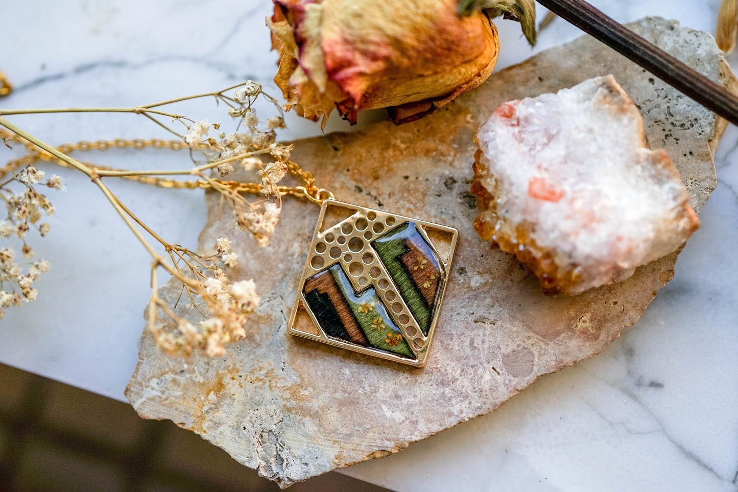 Real Pressed Flowers in Resin, Gold and Wood Necklace with Yellow Flowers