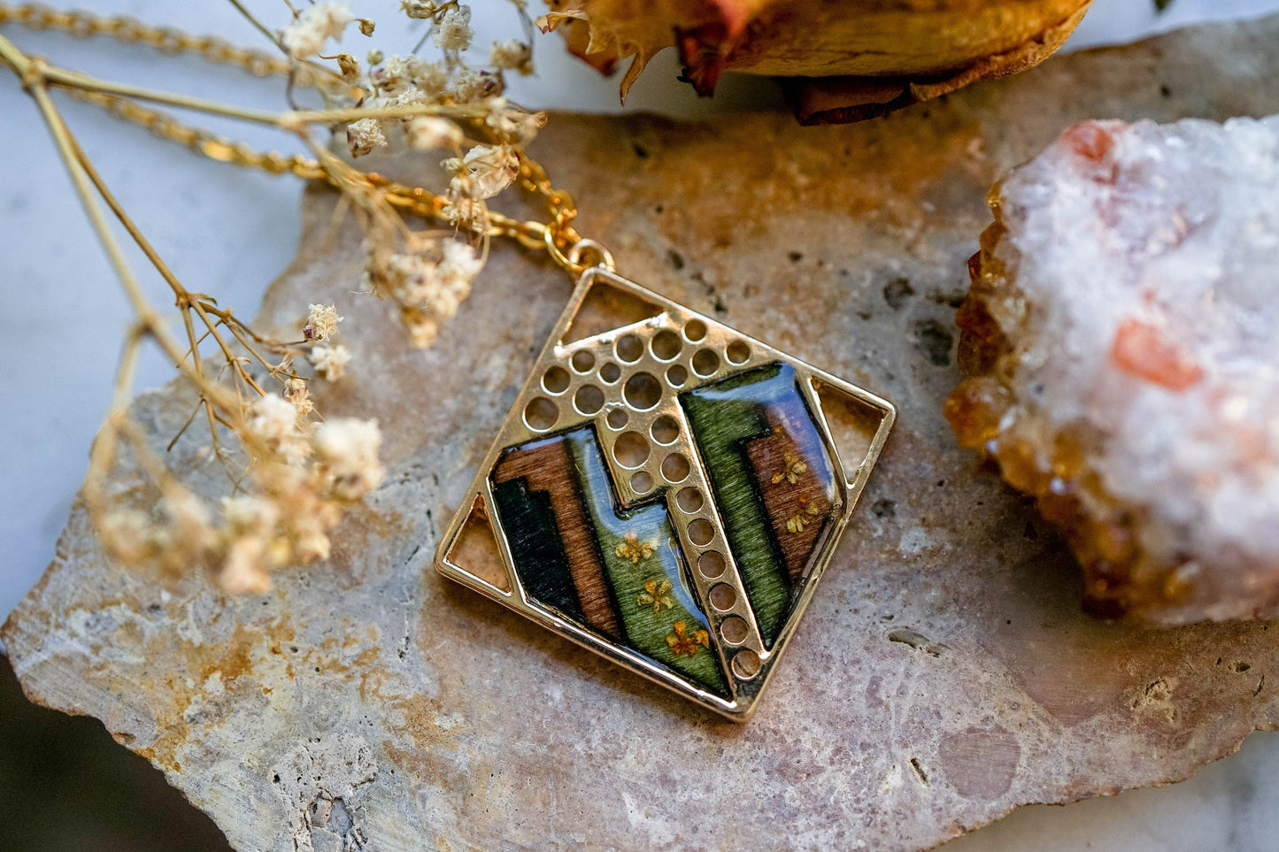 Real Pressed Flowers in Resin, Gold and Wood Necklace with Yellow Flowers