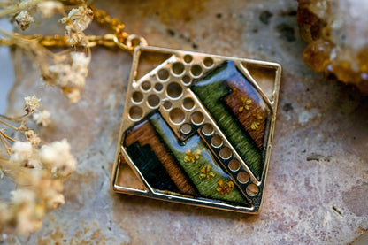 Real Pressed Flowers in Resin, Gold and Wood Necklace with Yellow Flowers