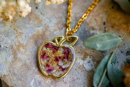 Real Pressed Flowers in Resin Necklace, Gold Apple Necklace with Pink and White Heather Flowers, Teacher jewelry, Teacher necklace