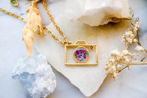 Real Pressed Flowers in Resin, Gold Camera Necklace with Purple Pink Teal Flowers
