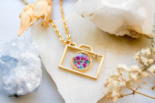 Real Pressed Flowers in Resin, Gold Camera Necklace with Purple Pink Teal Flowers