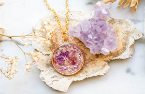 Real Pressed Flowers in Resin, Gold Necklace in with Purple Flowers and Glass Glitter