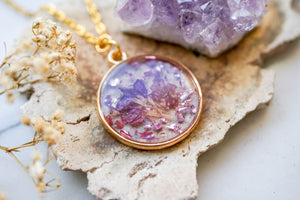 Real Pressed Flowers in Resin, Gold Necklace in with Purple Flowers and Glass Glitter