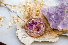 Real Pressed Flowers in Resin, Gold Necklace in with Purple Flowers and Glass Glitter