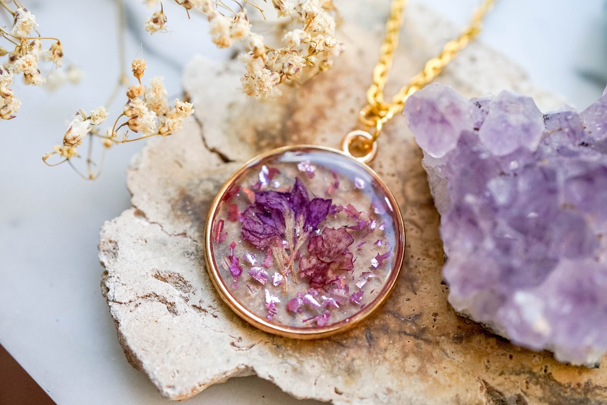 Real Pressed Flowers in Resin, Gold Necklace in with Purple