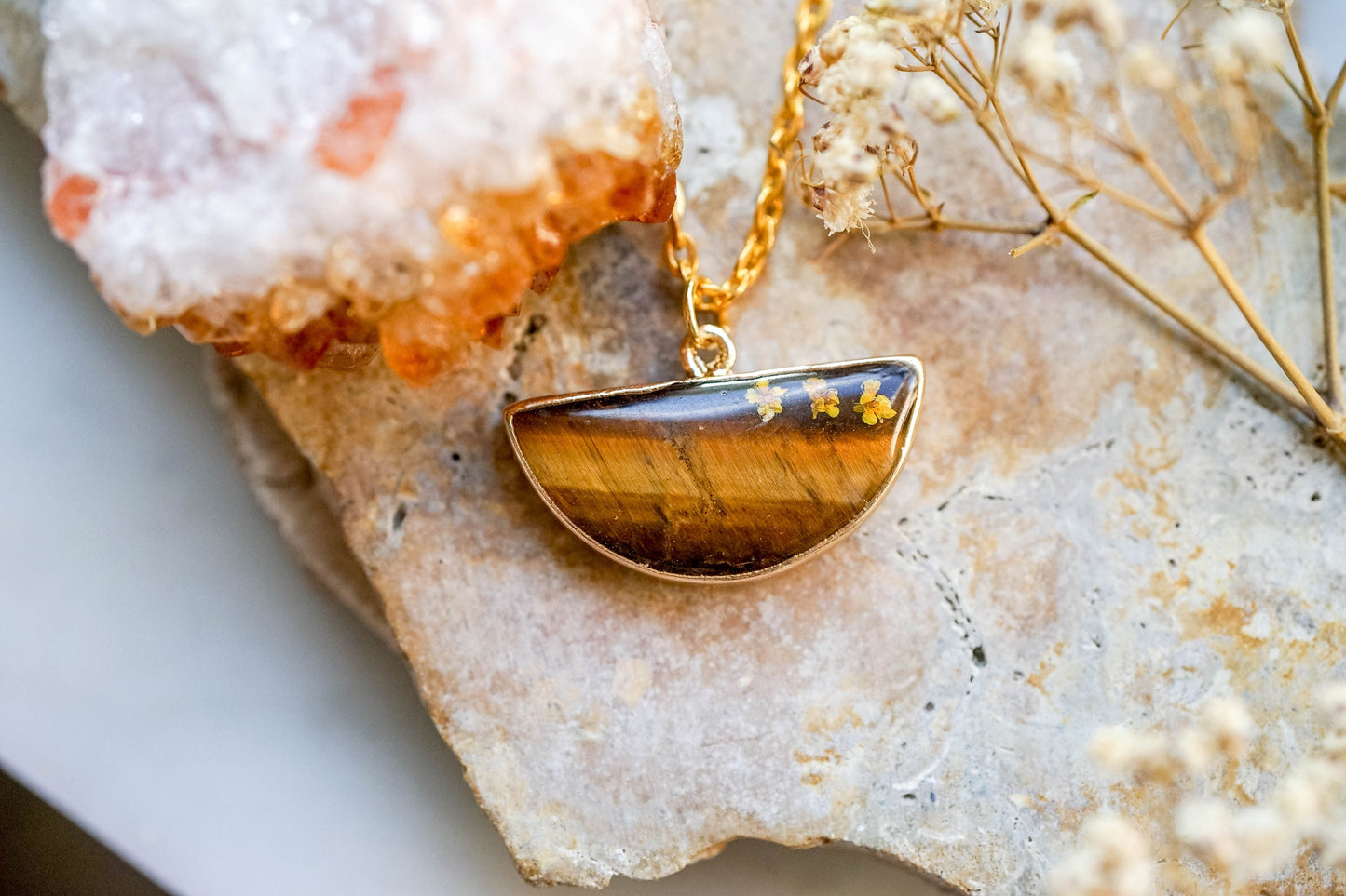 Real Pressed Flowers in Resin, Tigers Eye Necklace with Orange Flowers