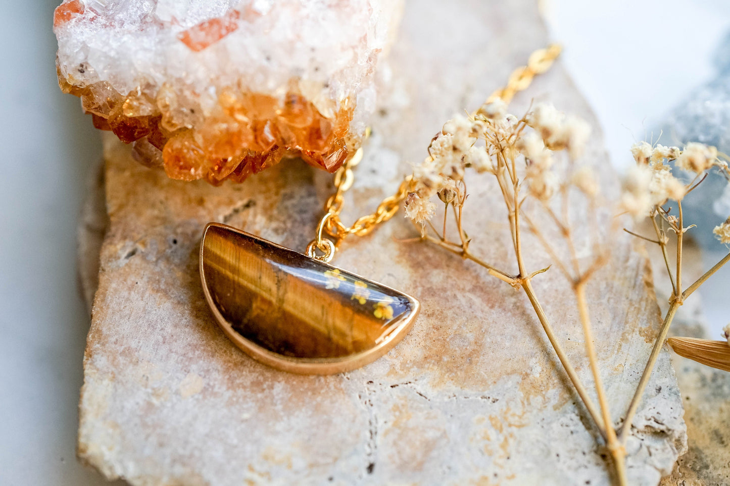 Real Pressed Flowers in Resin, Tigers Eye Necklace with Orange Flowers