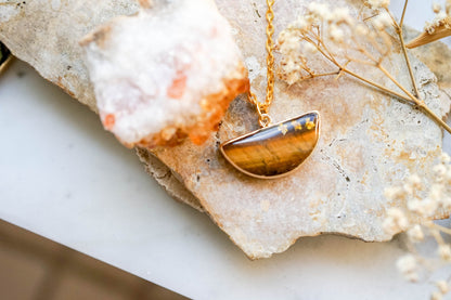 Real Pressed Flowers in Resin, Tigers Eye Necklace with Orange Flowers