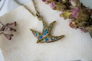 Real Pressed Flowers in Resin, Bronze Bird Necklace in Blue and Pink