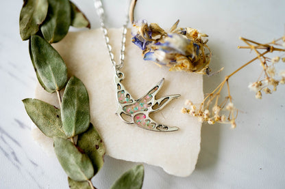 Real Pressed Flowers in Resin, Silver Bird Necklace in Mint and Pink