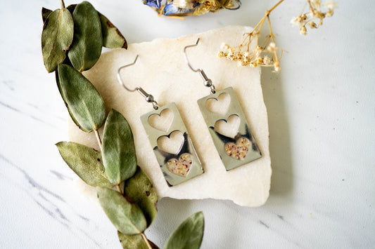 Real Pressed Flowers Earrings, Silver Hearts Drop Earrings