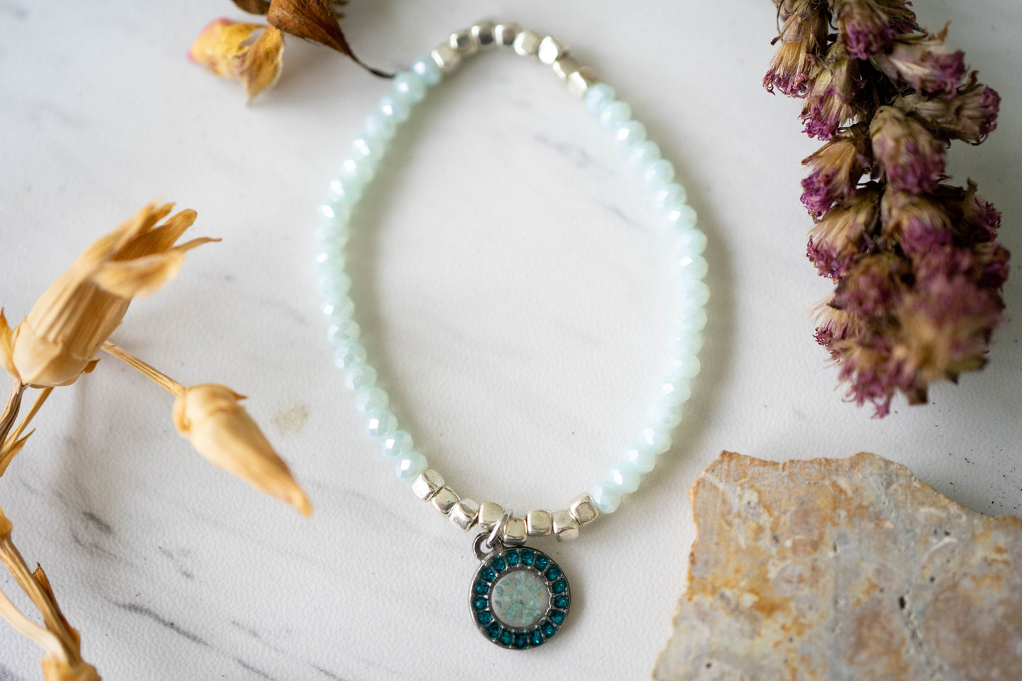 Real Pressed Flowers and Resin Beaded Bracelet, Silver and  Mint with Teal Flowers