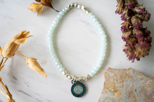 Real Pressed Flowers and Resin Beaded Bracelet, Silver and  Mint with Teal Flowers