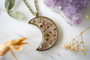 Real Pressed Flower and Resin Celestial Moon Necklace, Bronze with Heather Flowers