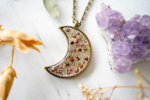 Real Pressed Flower and Resin Celestial Moon Necklace, Bronze with Heather Flowers