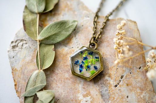 Real Pressed Flowers in Resin Necklace, Bronze Hexagon in Blue and Green Flowers