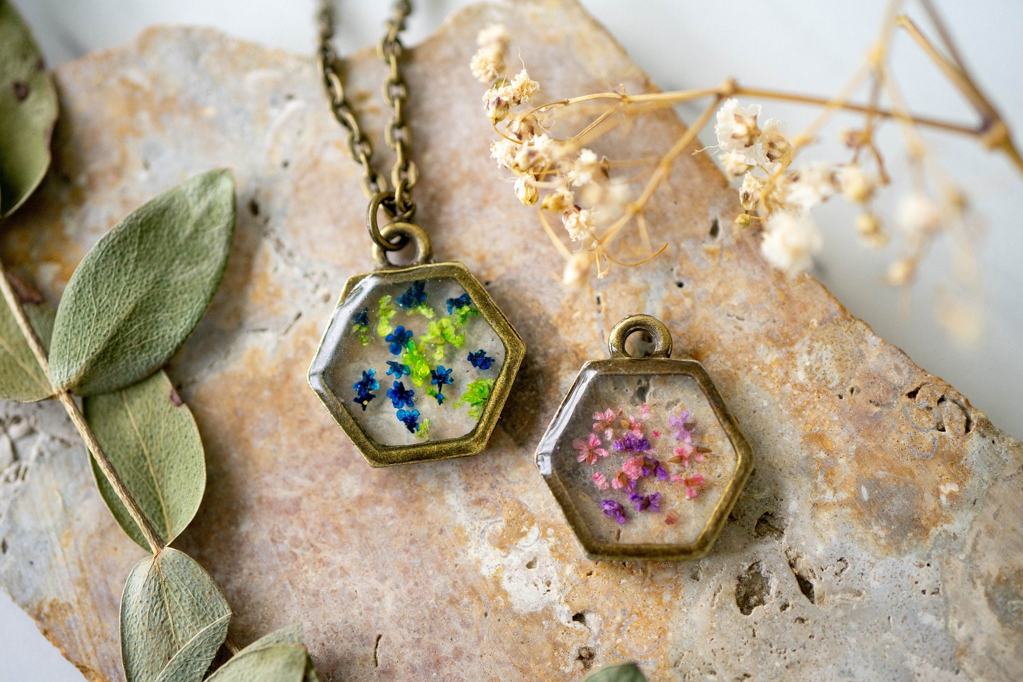 Real Pressed Flowers in Resin Necklace, Bronze Hexagon in Pink and Pur –  ann + joy