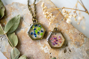 Real Pressed Flowers in Resin Necklace, Bronze Hexagon in Pink and Purple