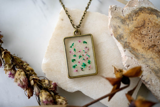 Real Pressed Flowers in Resin Necklace, Bronze Rectangle in Green and Pink