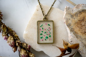 Real Pressed Flowers in Resin Necklace, Bronze Rectangle in Green and Pink