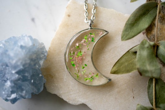 Real Pressed Flower and Resin Celestial Silver Moon Necklace in Greens and Light Pink