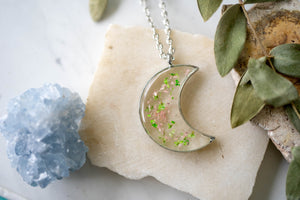 Real Pressed Flower and Resin Celestial Silver Moon Necklace in Greens and Light Pink