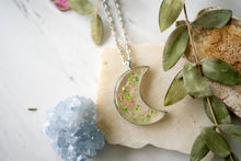 Real Pressed Flower and Resin Celestial Silver Moon Necklace in Greens and Light Pink