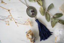 Real Pressed Flowers in Resin Necklace, Painted Silver Necklace with Navy Blue Tassel and Purple Alyssum